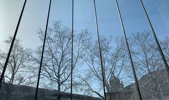 View out of the glass lobby of Frankfurt Messeturm. ©sedak